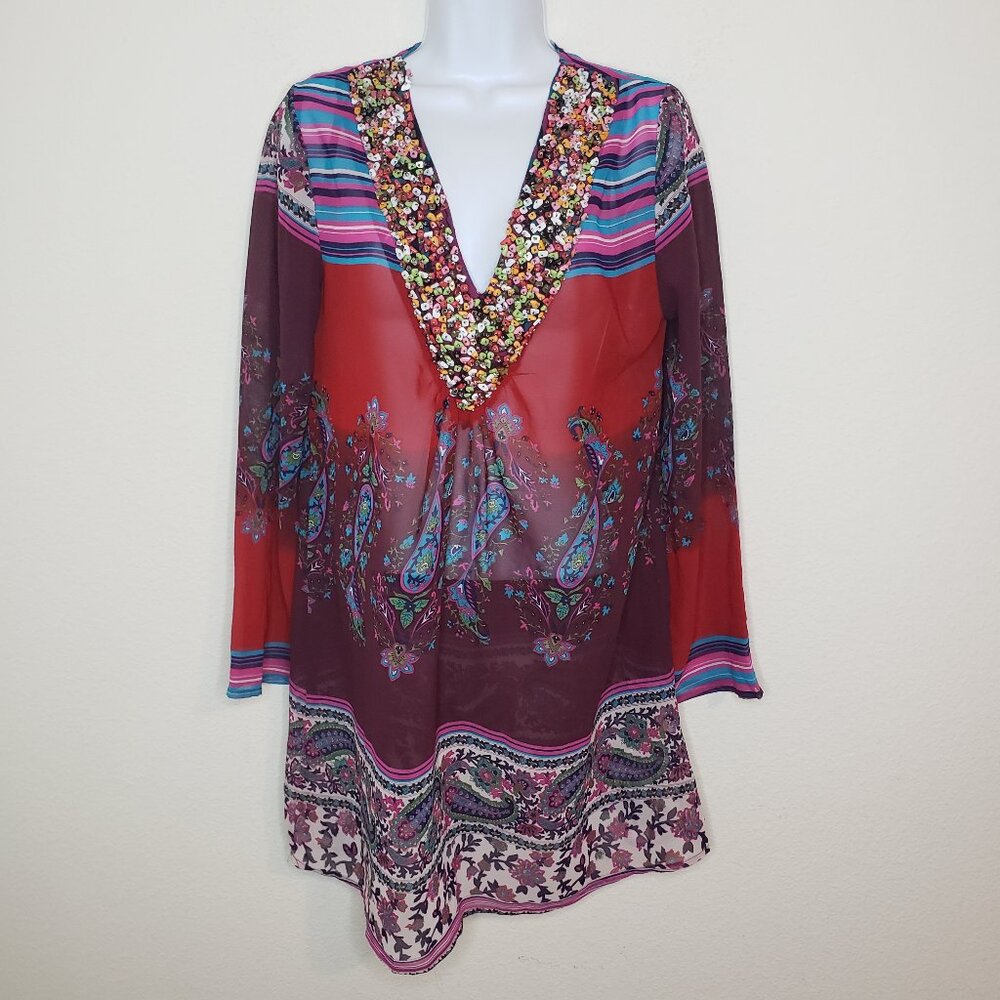 Mix Nouveau NY Women's Sz S Multicolored Embellished Sheer Blouse